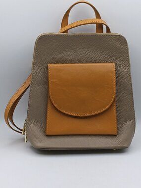 DIVINA FERENZE Beige and Caramel Leather Backpack Purse w/ Gold Color Hardware